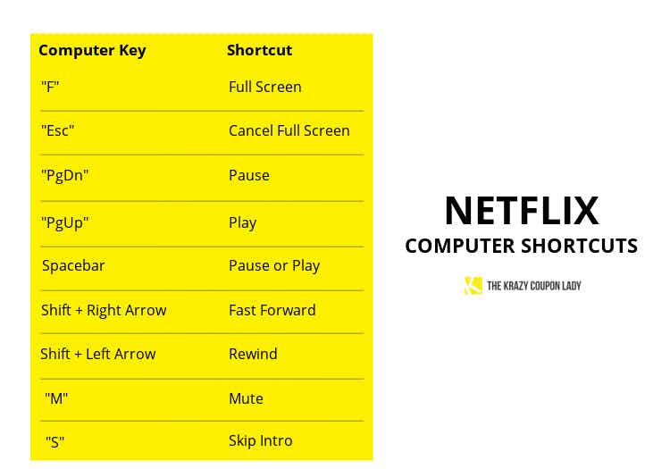 graphic table showing computer key shortcuts for netflix