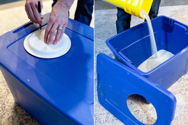 two images one a person tracing a paper plate on a large tote and the large tote being filled with cat litter 