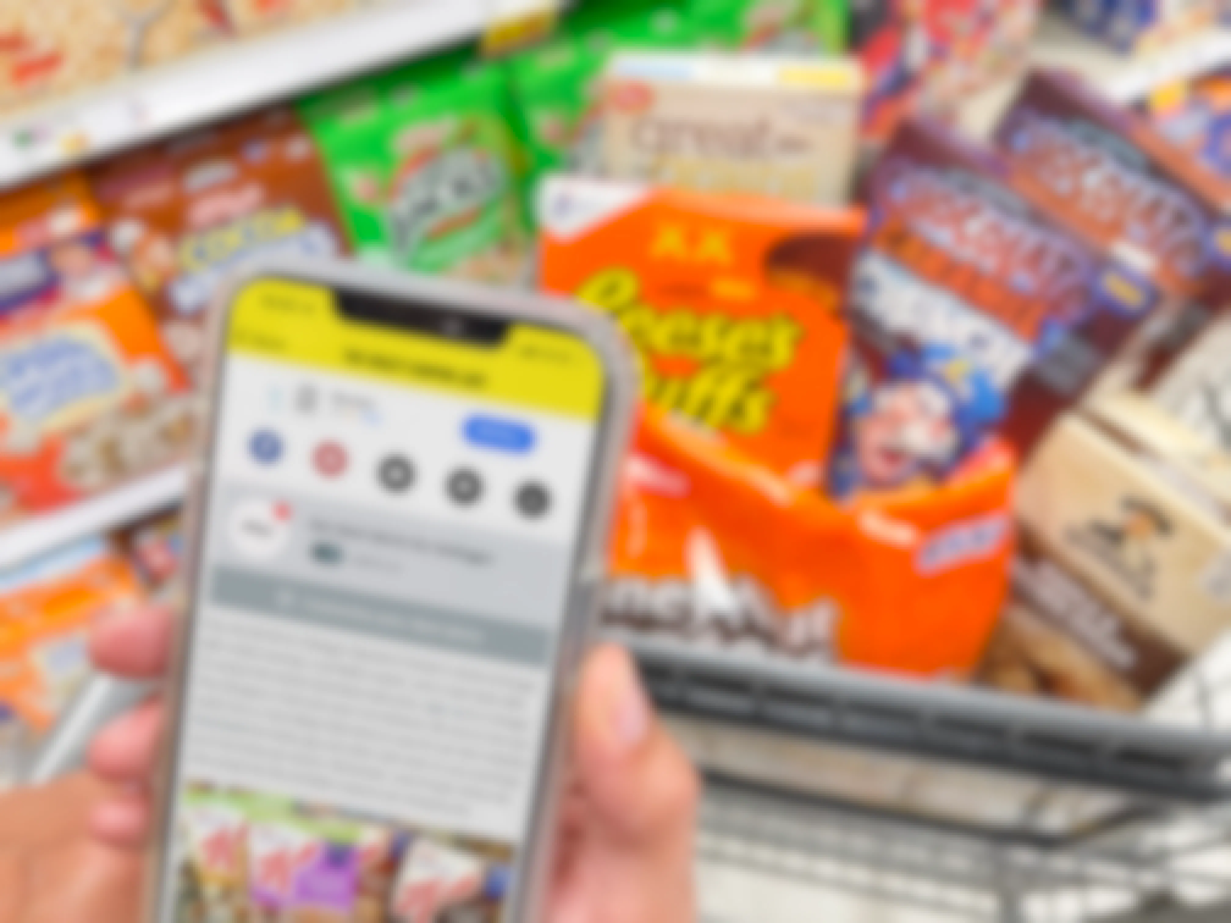 A person's hands holding a cellphone displaying the Krazy Coupon Lady mobile app's page for Kellogg's deals in front of a cart full of Kellogg's brand cereal.