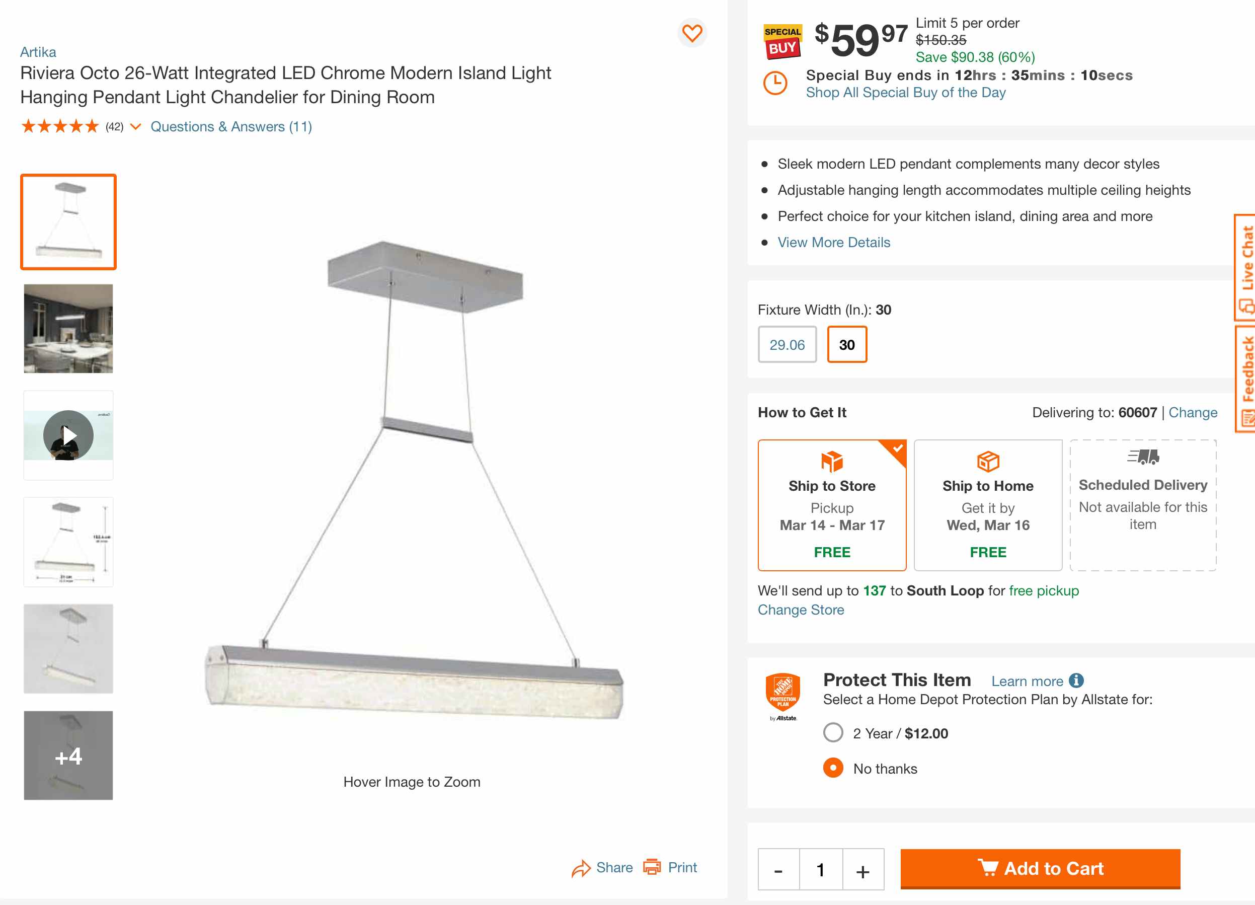Home Depot special buy of the day light fixture screenshot