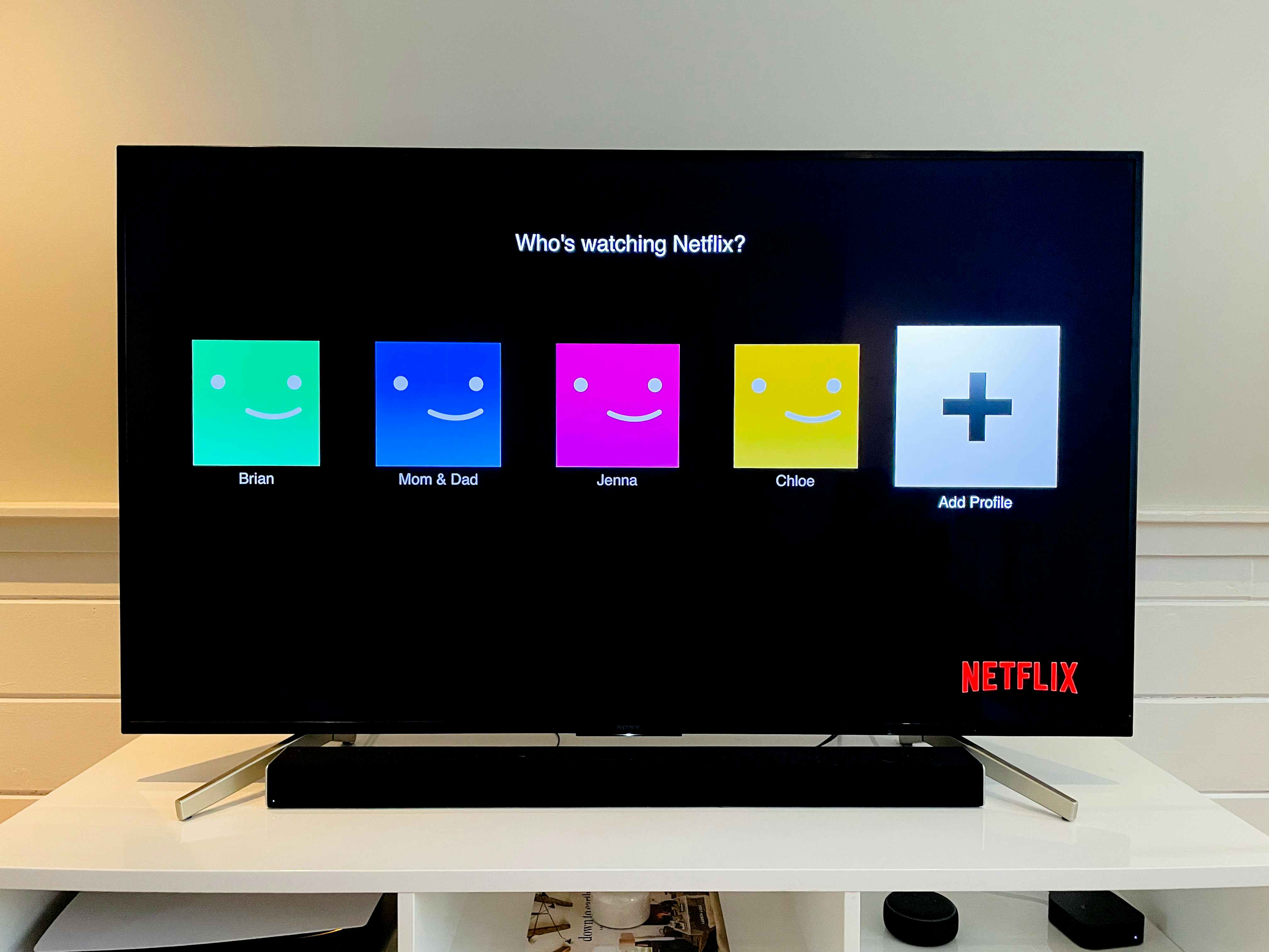 TV screen showing the Netflix app open on the profiles page asking "Who's watching Netflix?