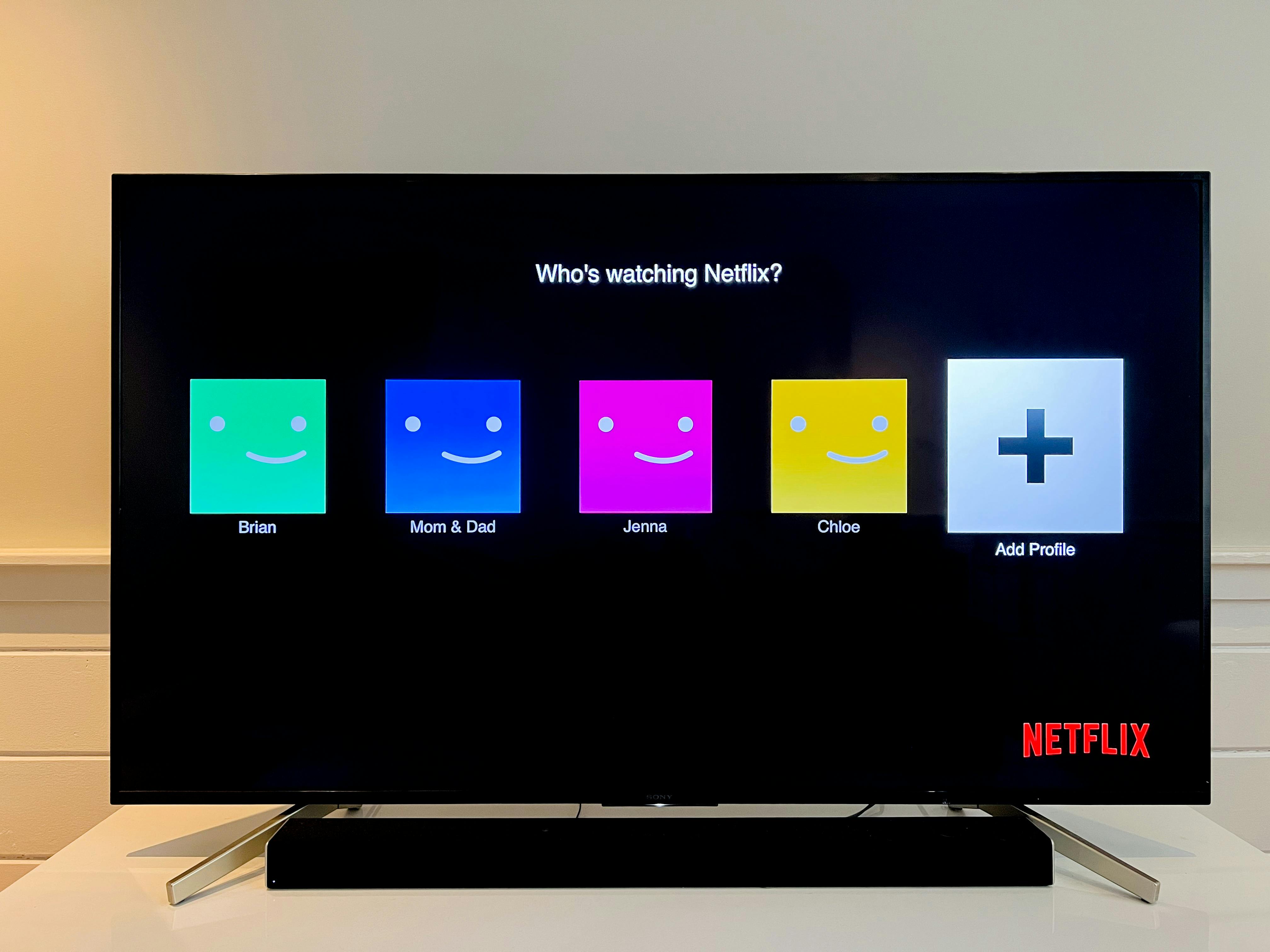 TV screen showing the Netflix app open on the profiles page asking "Who's watching Netflix?