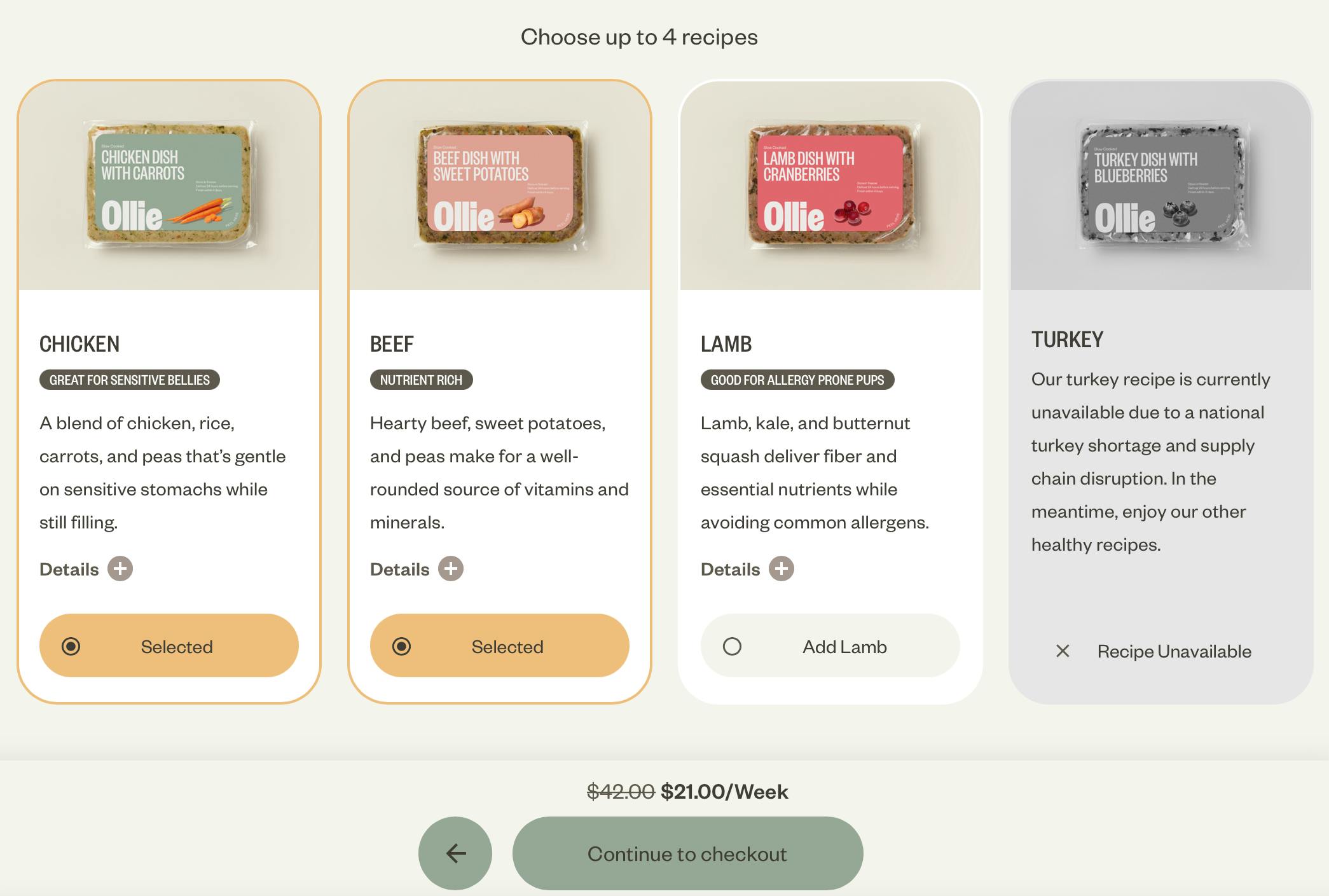 A screenshot from the MyOllie website displaying the options for dog food recipes to order.