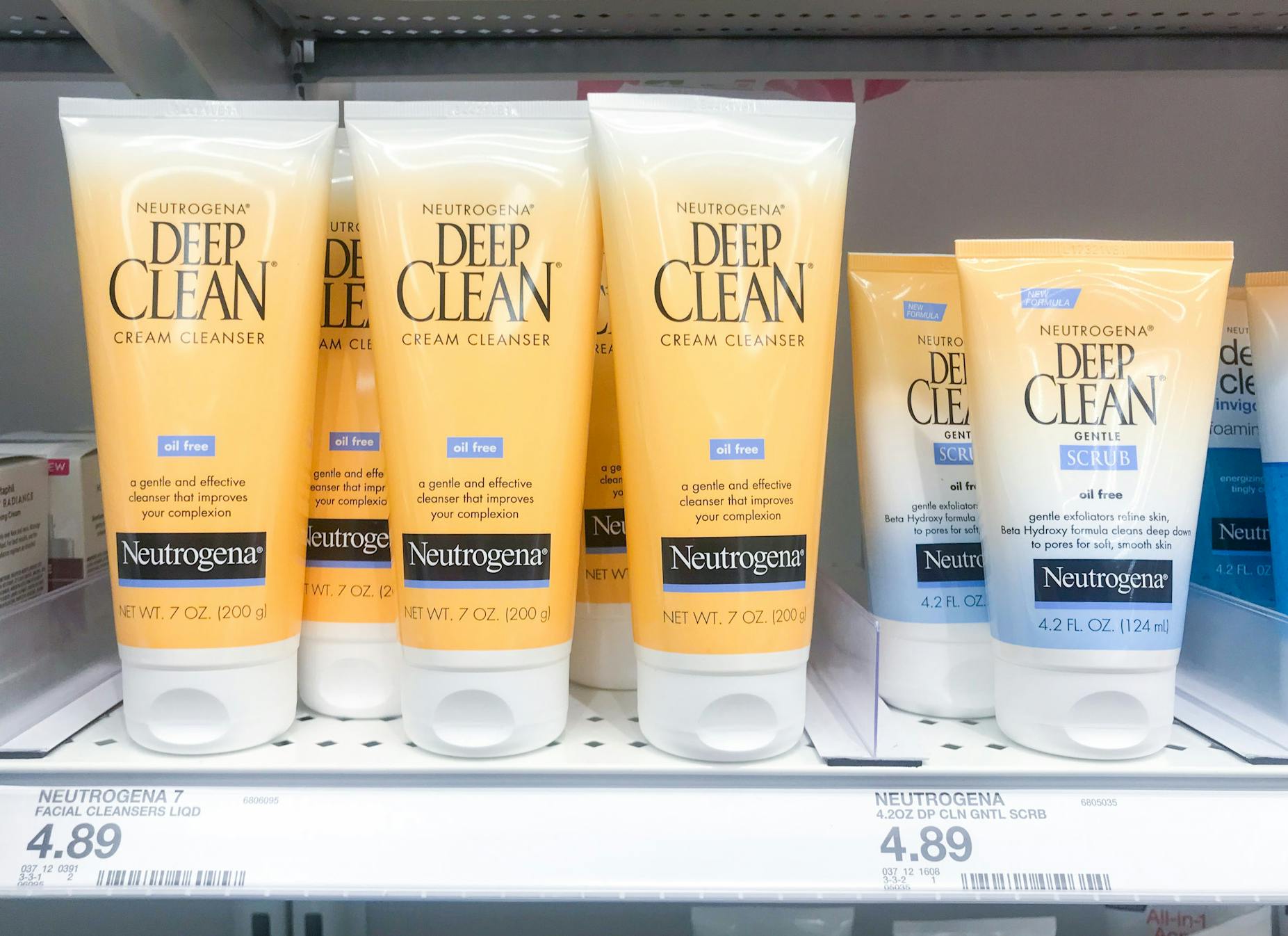Neutrogena facial cleansers stocked on the shelf at Target.