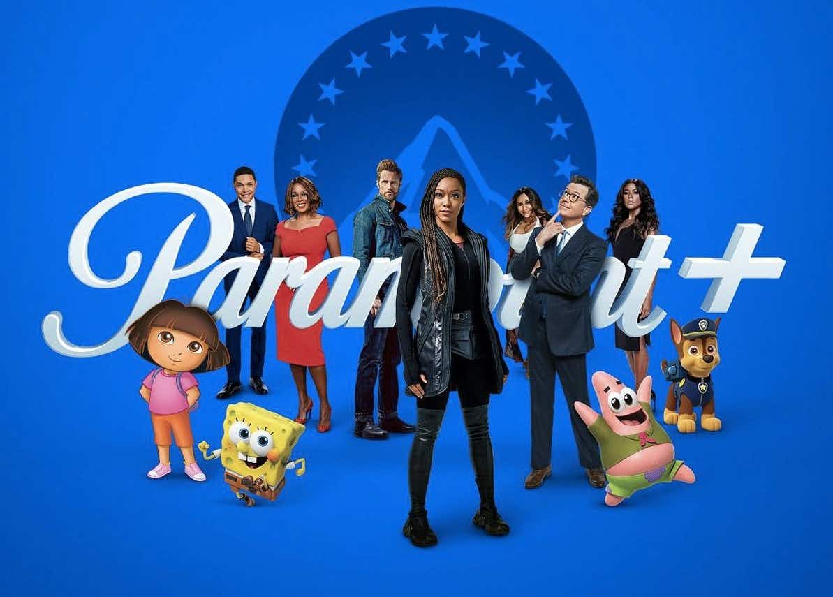 A Paramount Plus banner with characters from different shows that can be streamed on the platform.