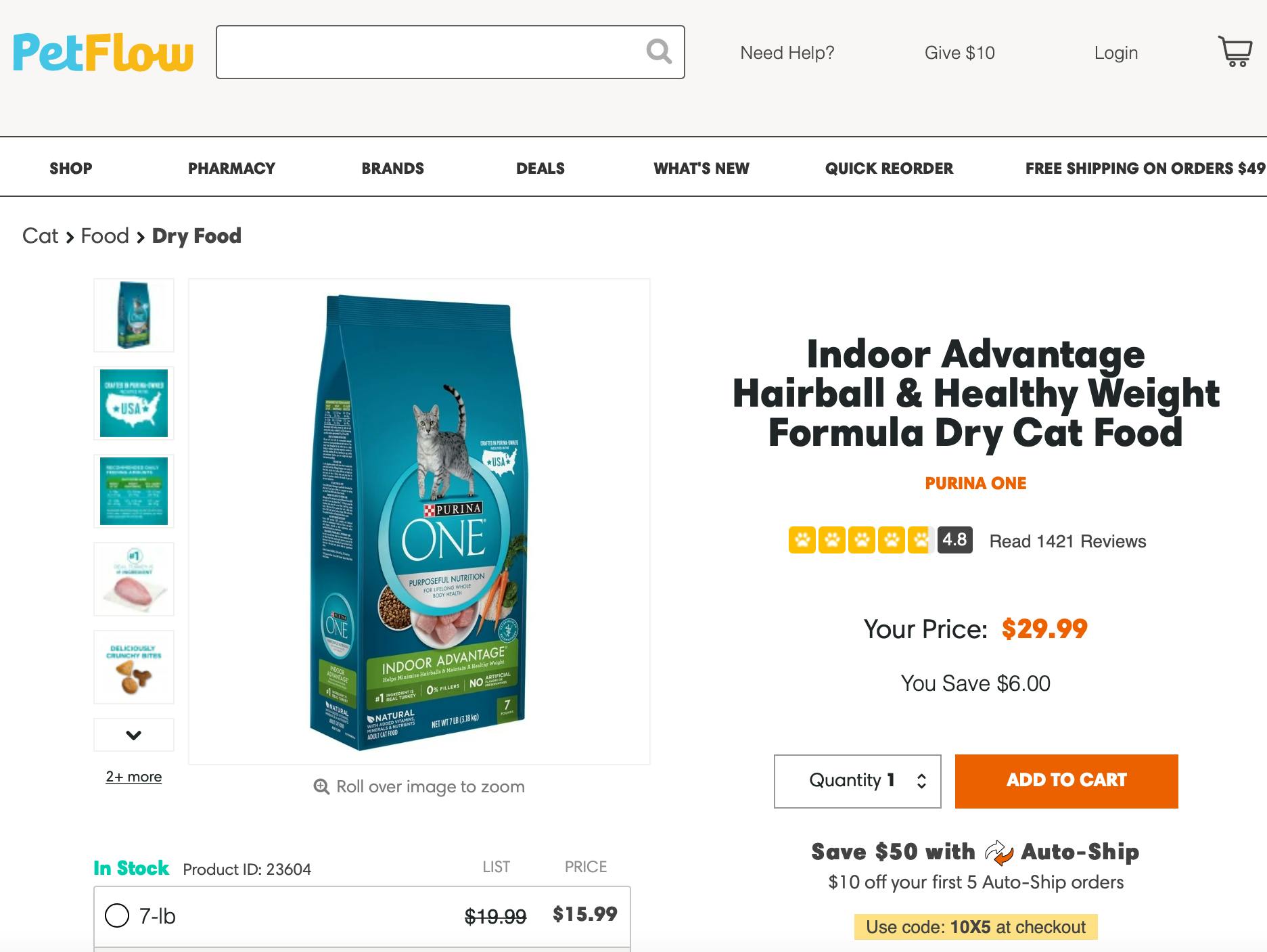 A screenshot from the PetFlow website showing a product page for Purina One Cat food.