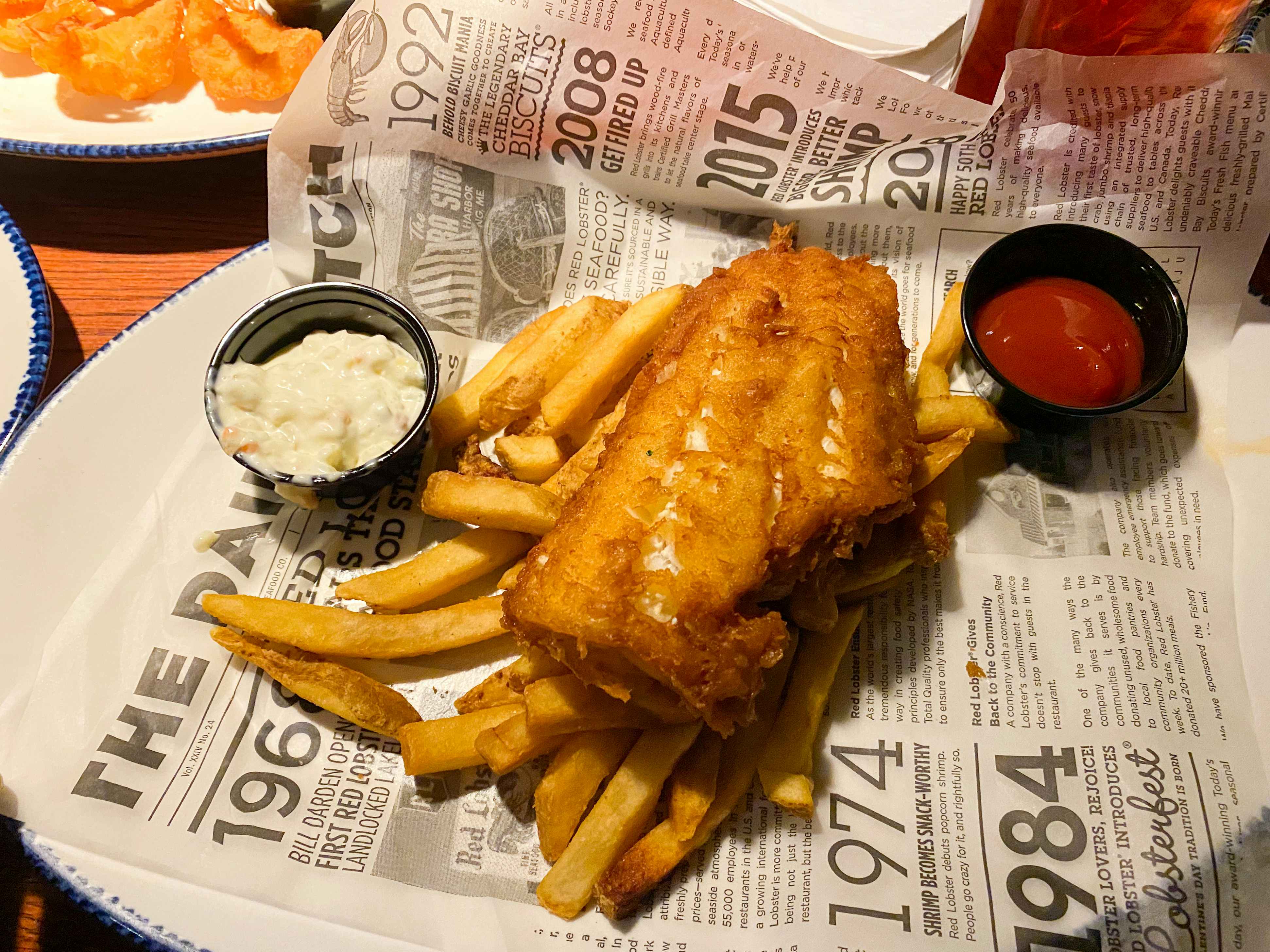 fish and chips meal on the table at a red lobster restaurant