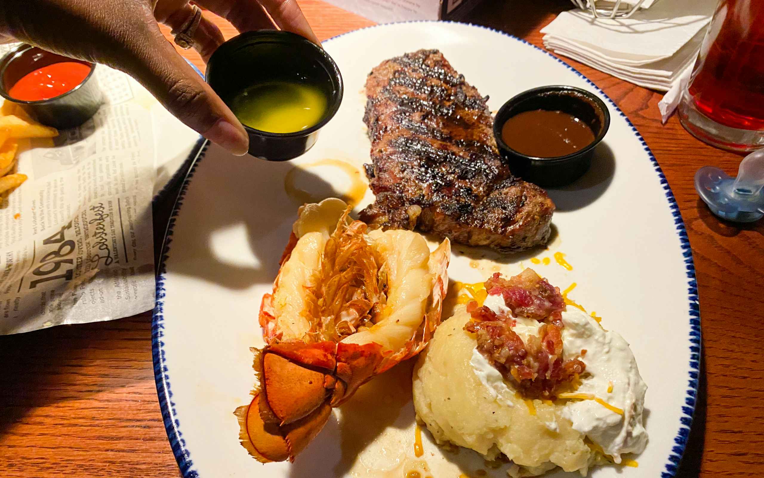 steak and lobster meal on the table at a red lobster restaurant