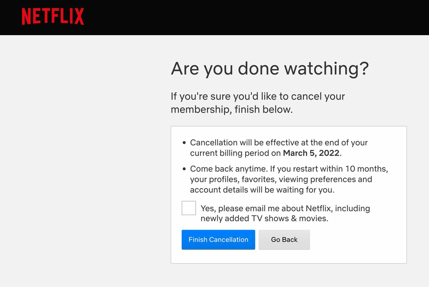 screenshot of netflix cancellation process on the page that confirms your cancellation