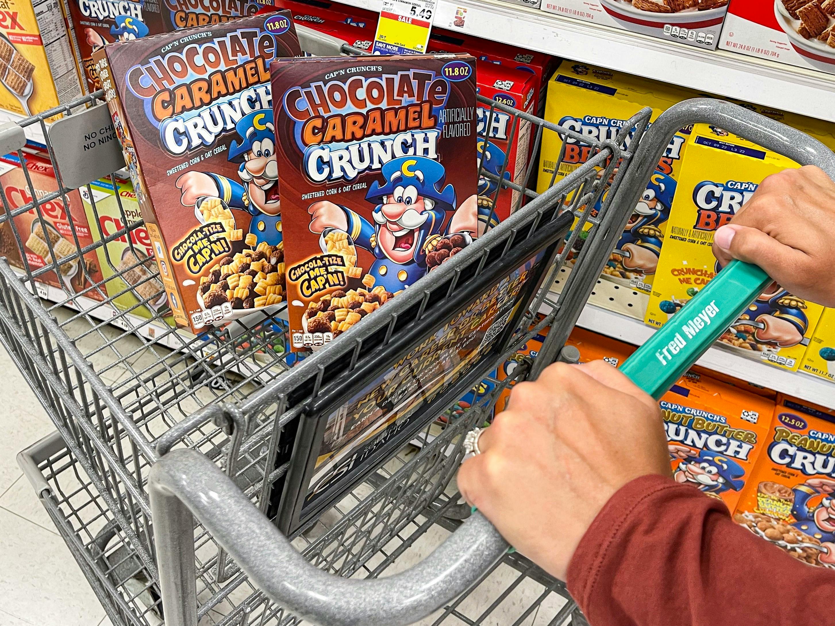 fred meyer cart with capn crunch in basket 