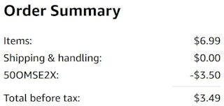 An Amazon order summary ending in $3.49.