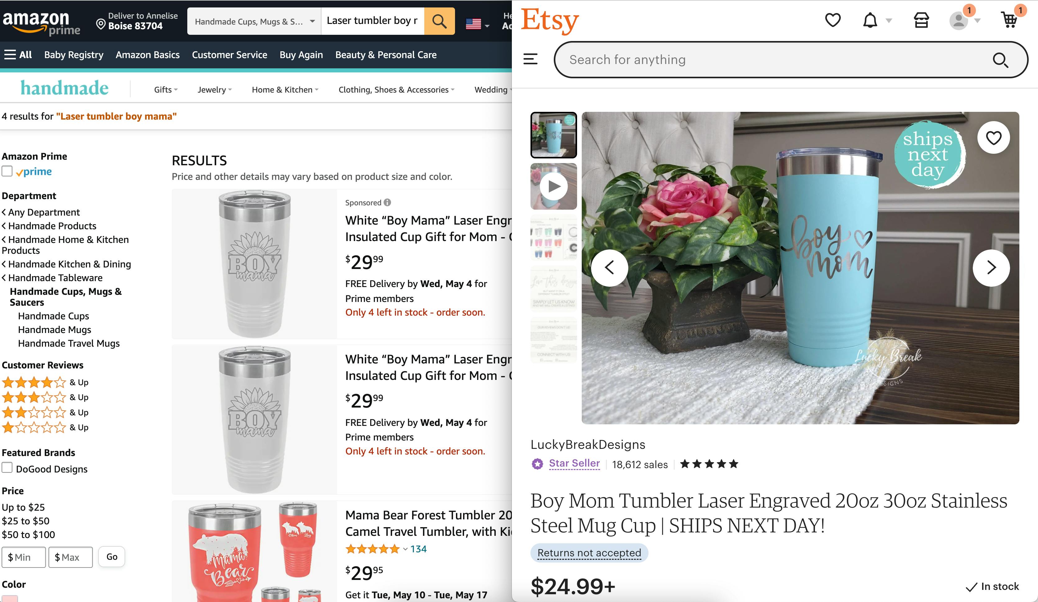 A screenshot of a side-by-side comparison of two similar products on Etsy and Amazon.