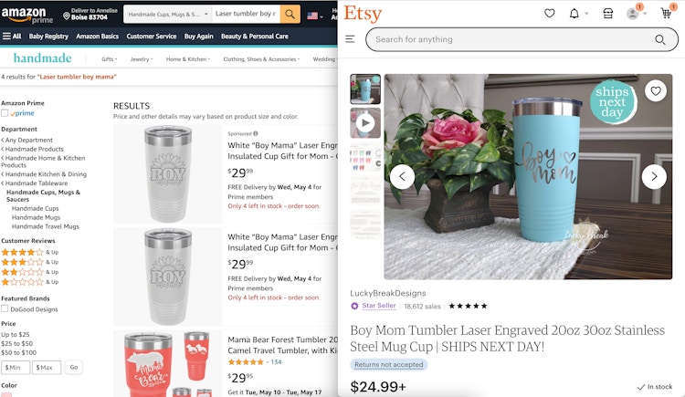 A screenshot of a side-by-side comparison of two similar products on Etsy and Amazon.