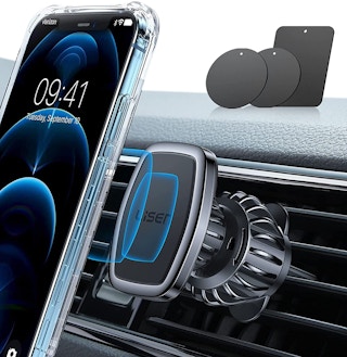 A phone near a car phone mount.