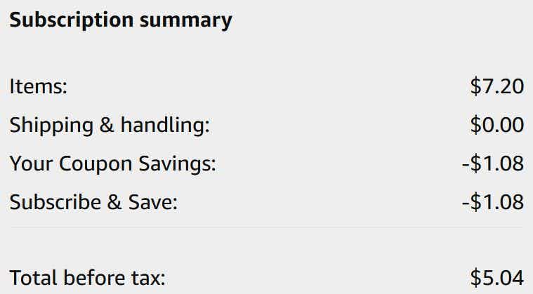 An Amazon subscription summary ending in $5.04.