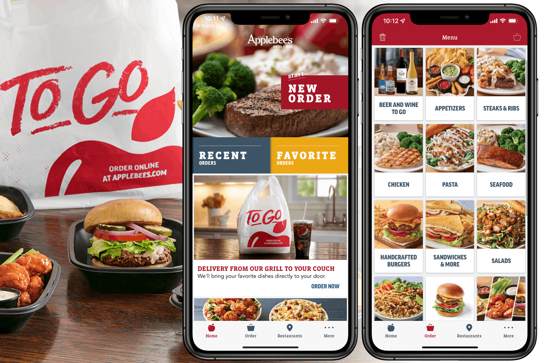 A graphic showing two iPhones, one showing the main page of the Applebee's mobile app and the other showing the Menu page on the Applebee's mobile app, next to an image of food in to-go containers on a table next to an Applebee's To-Go bag.