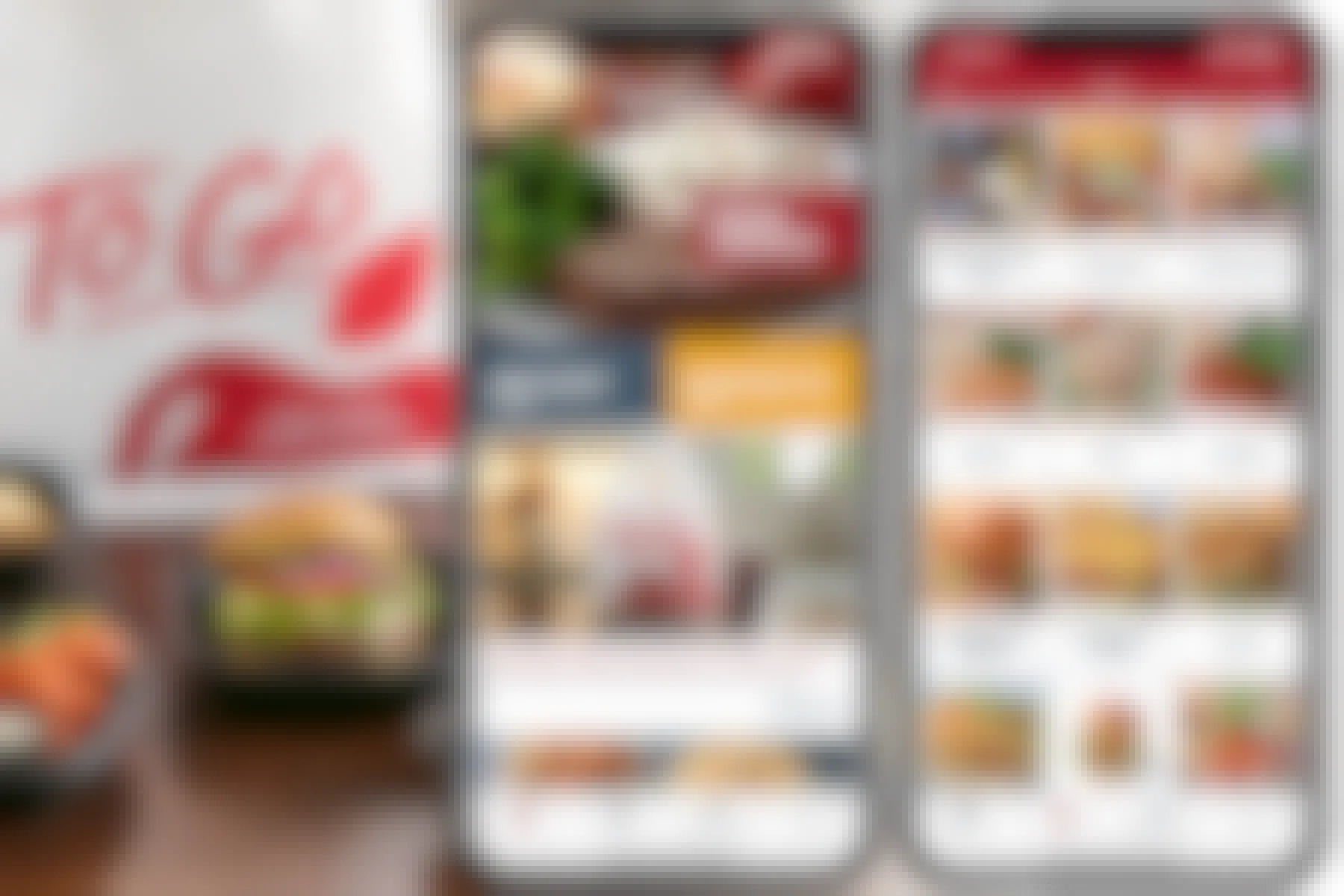 A graphic showing two iPhones, one showing the main page of the Applebee's mobile app and the other showing the Menu page on the Applebee's mobile app, next to an image of food in to-go containers on a table next to an Applebee's To-Go bag.