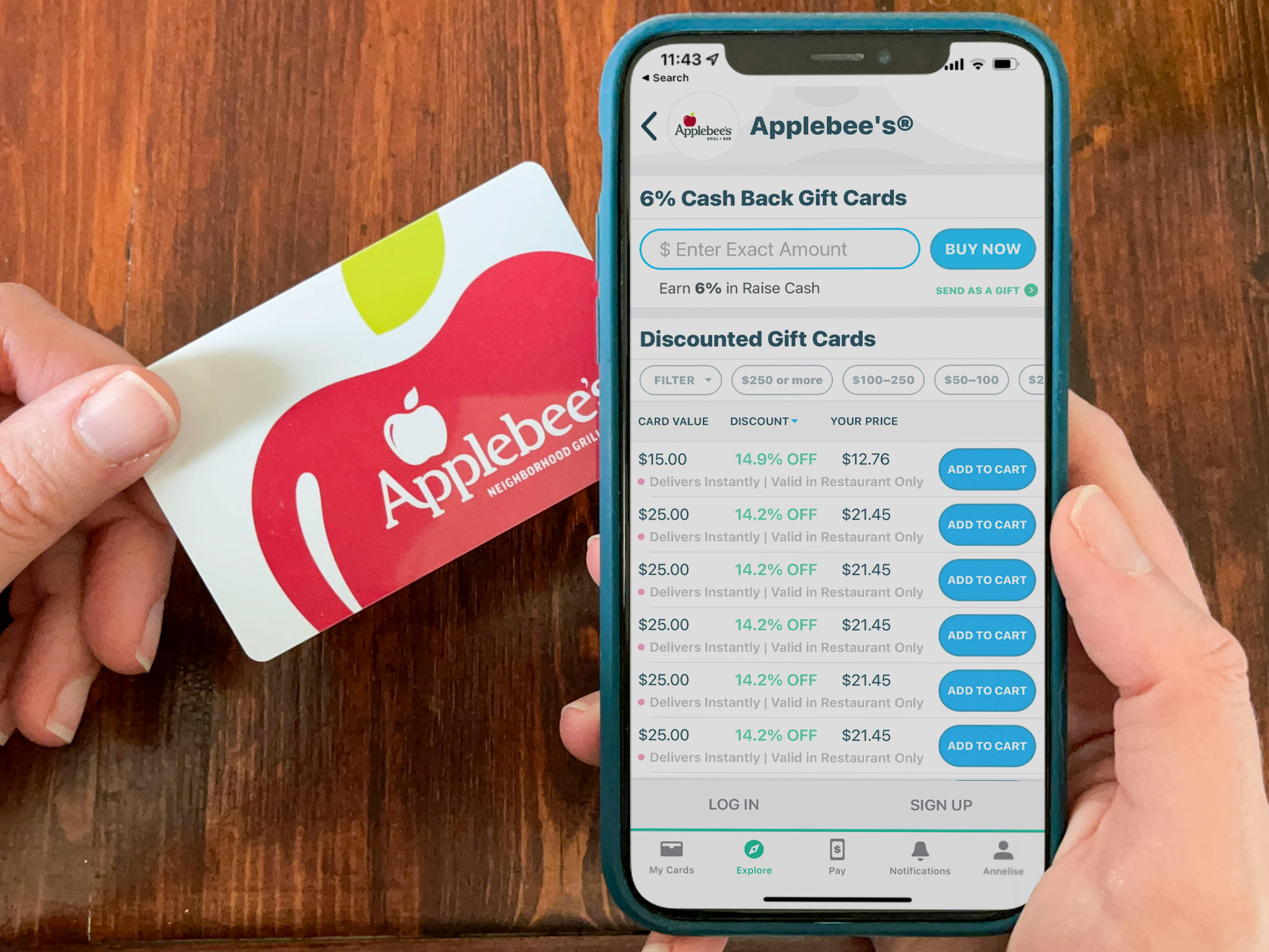 A person's hands, one holding an iPhone displaying the Raise.com mobile app's page for Applebee's gift cards, and the other holding an Applebee's gift card.