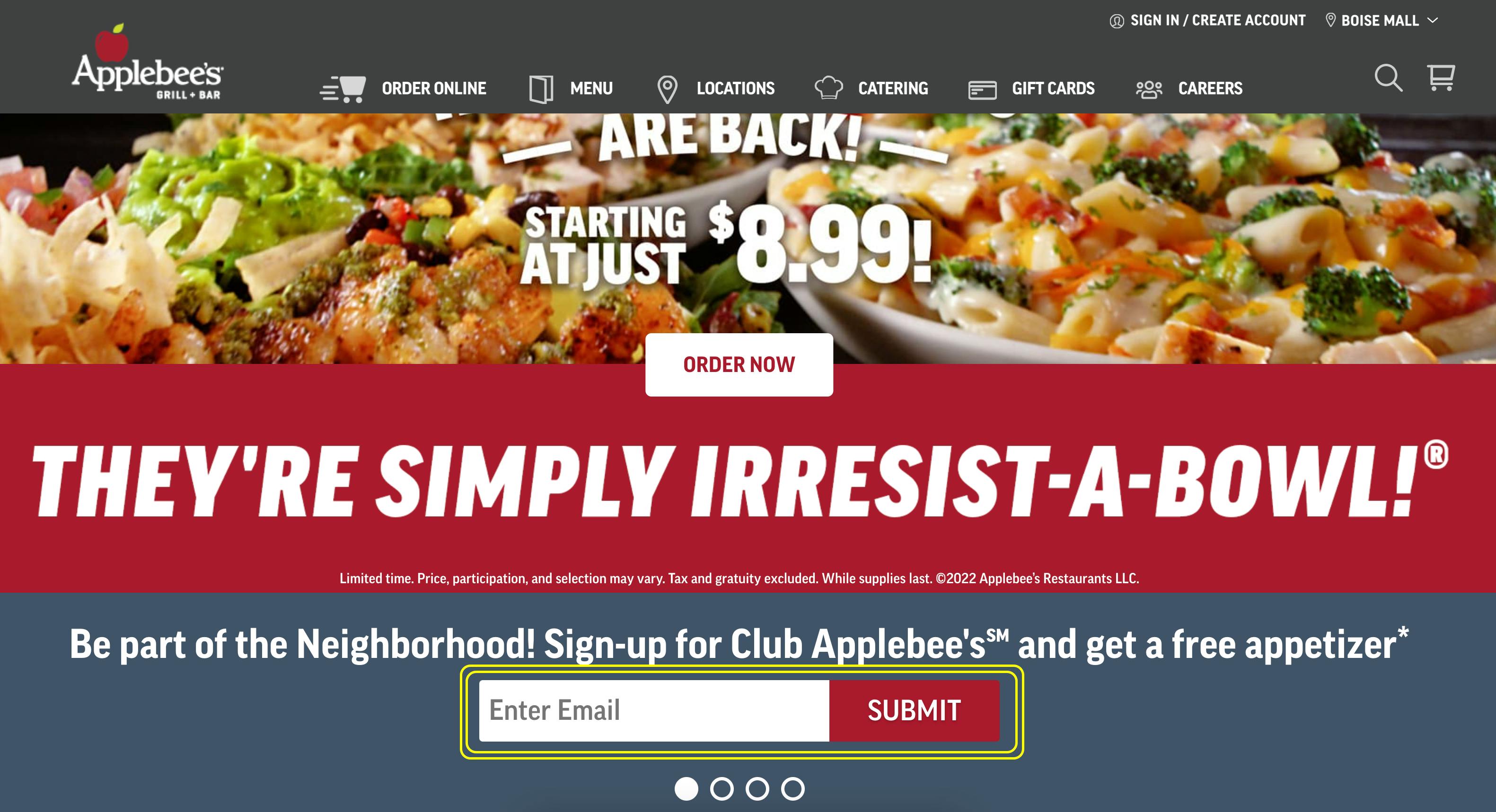 A screenshot of the Applebee's website's main page with the Club Applebee's sign up email box outlined in yellow.