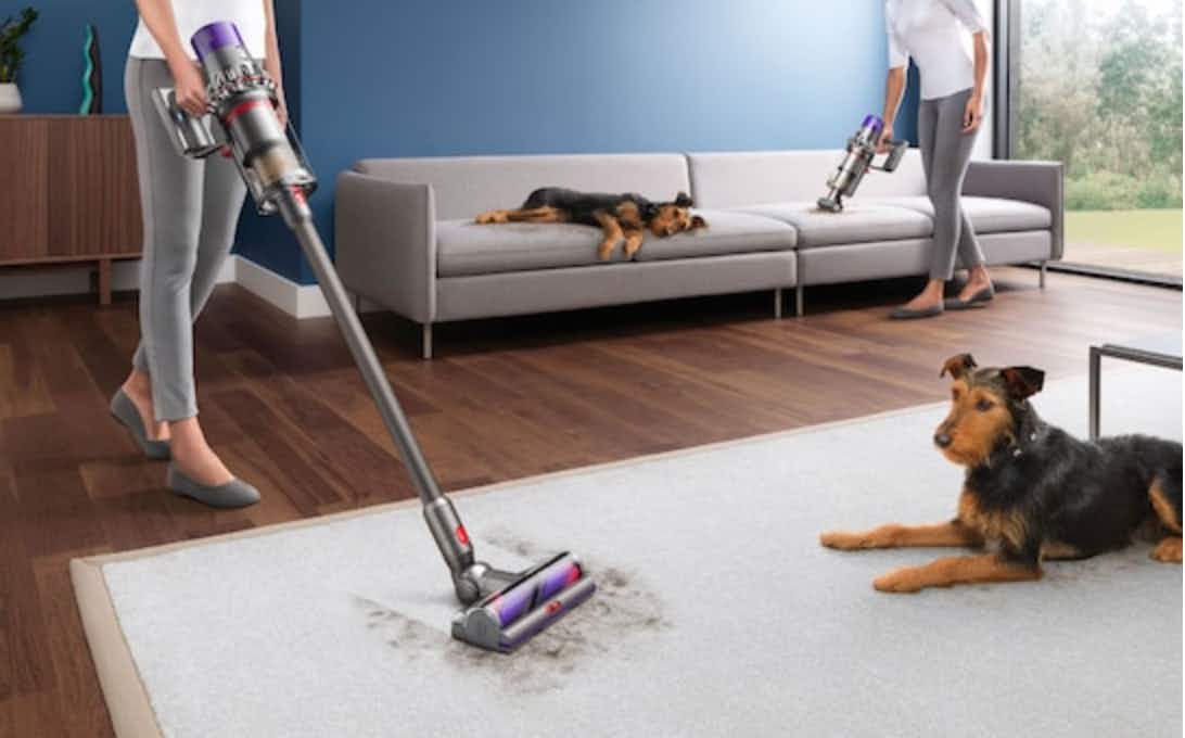 Two people using Dyson vacuums to clean up pet hair in a living room, one is vacuuming the couch next to a dog and the other is vacuuming a rug that another dog is laying on.