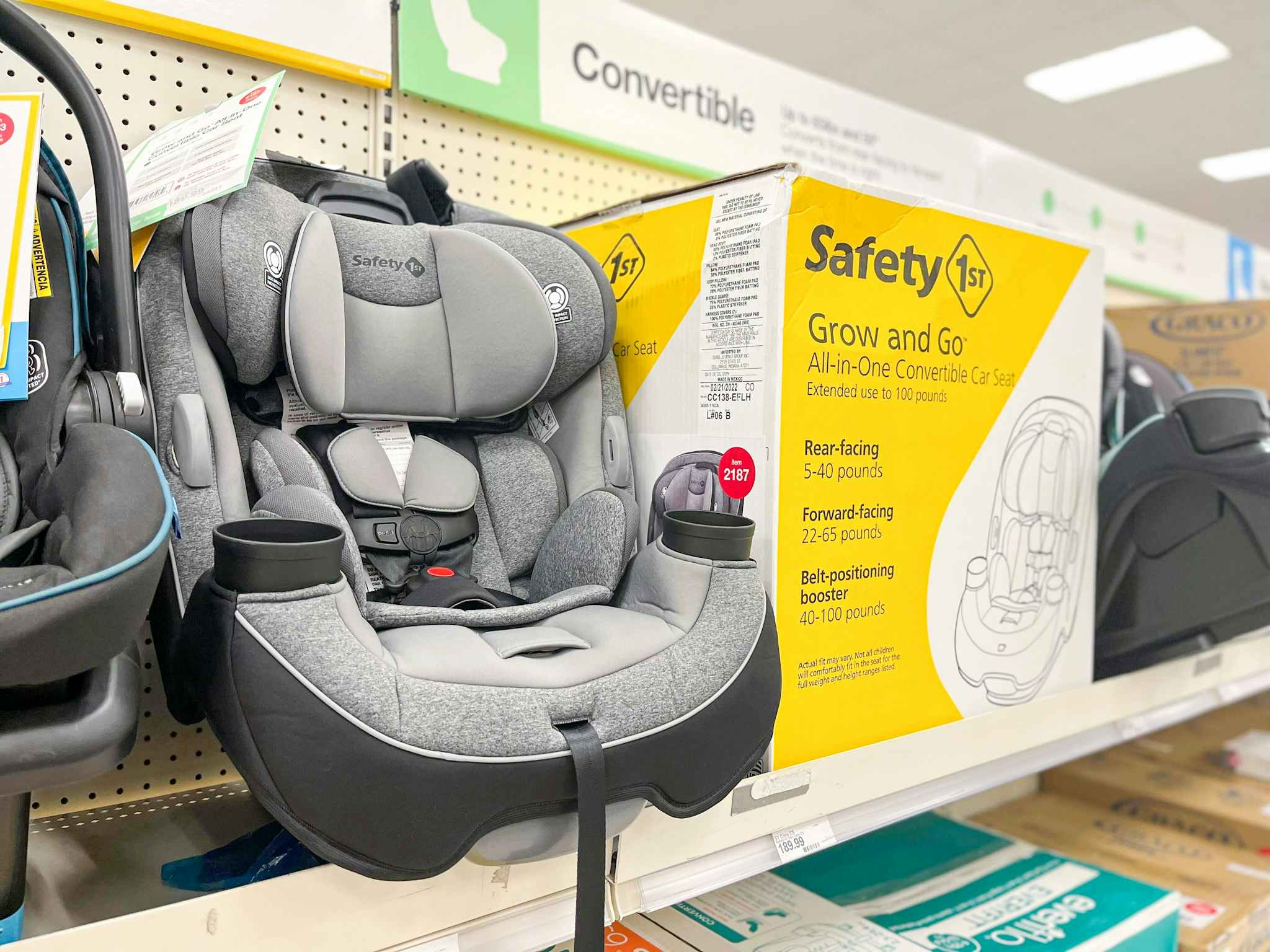 A Safety grow and go convertible car seat on the shelf at Target.
