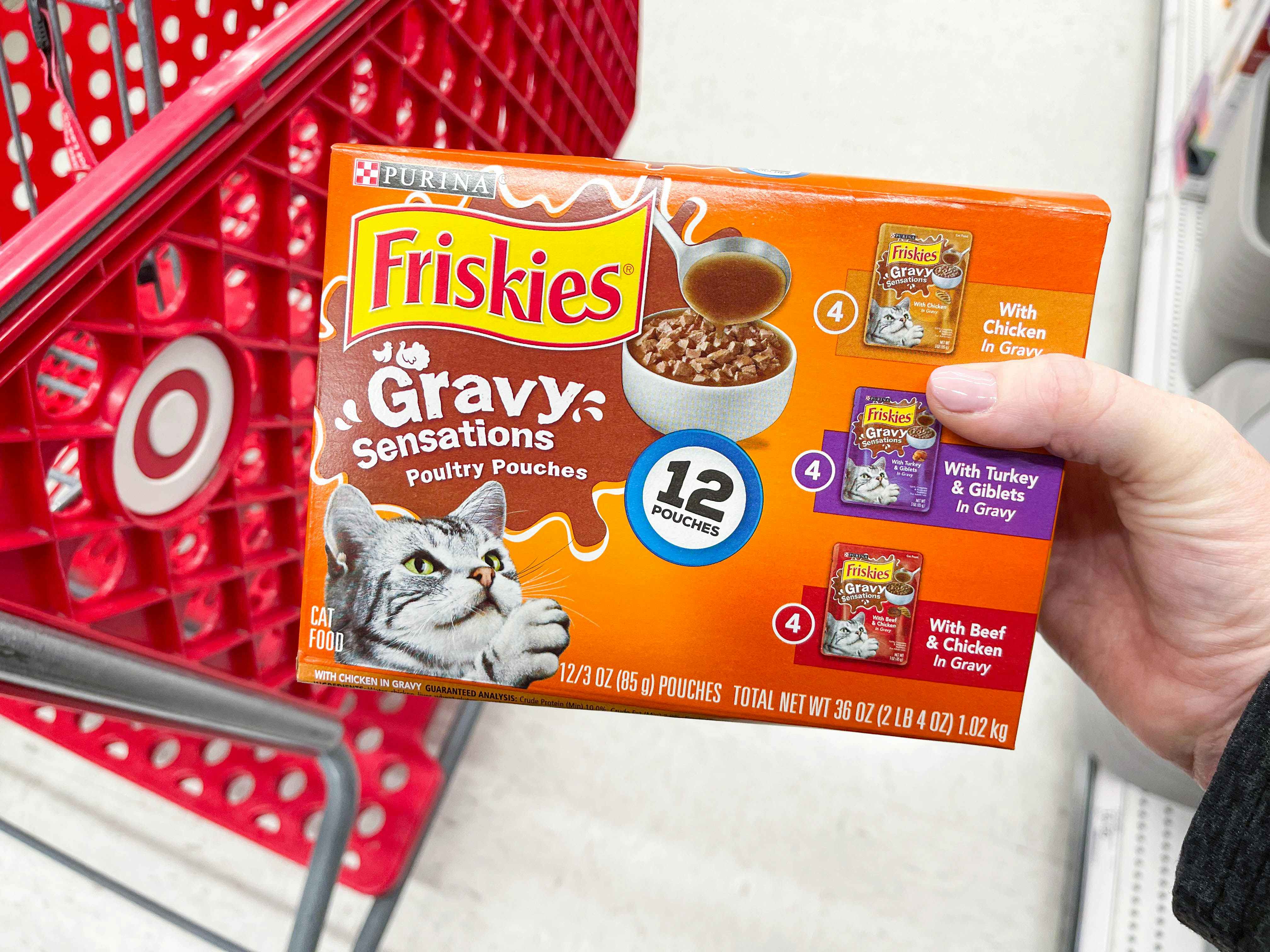 a box of Friskies wet cat food being held in front of target cart