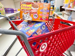 two large boxes of Friskies wet can cat food stacked on top of each other inside target cart