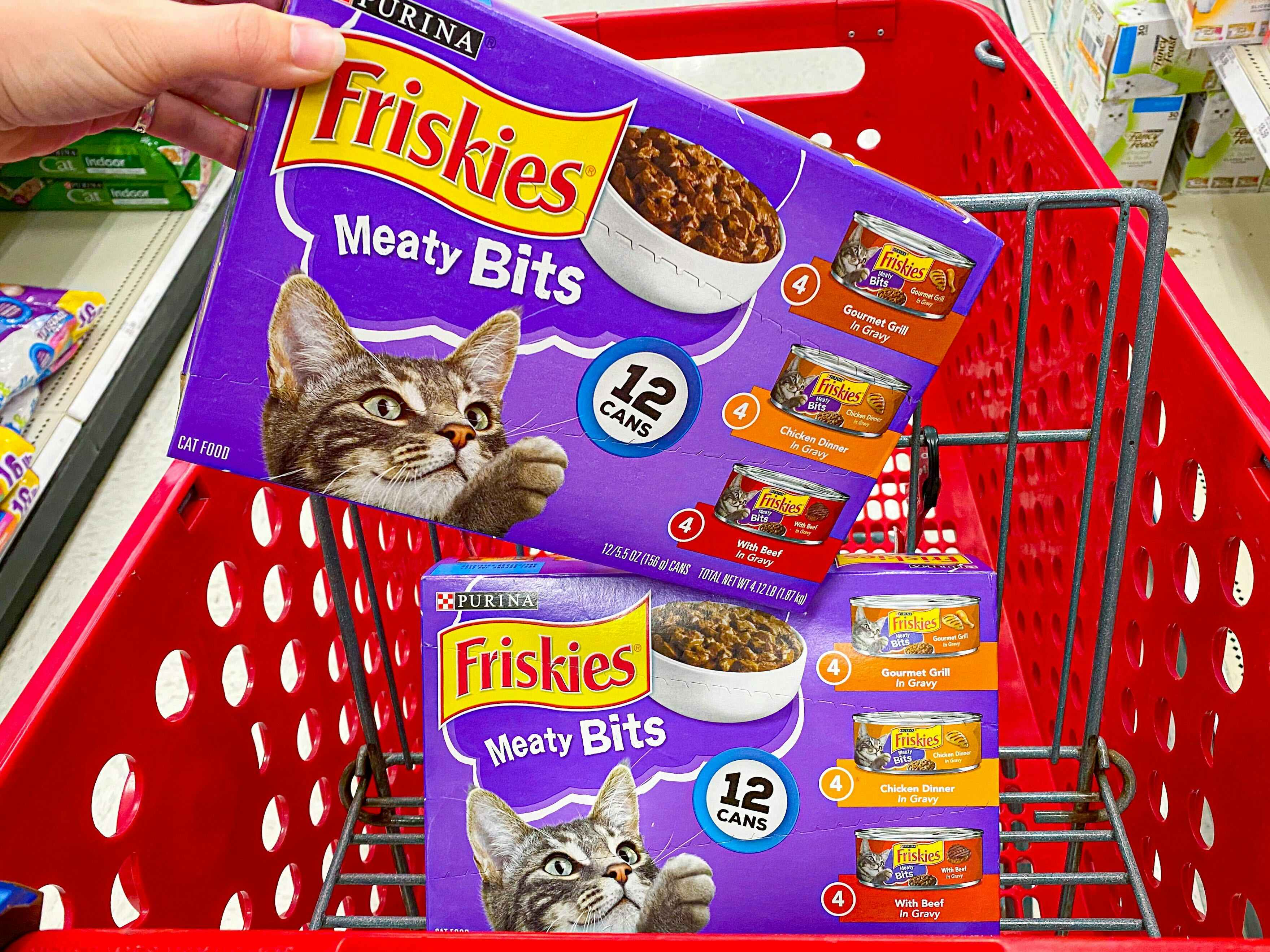 box of friskies meaty bits wet cat food in target cart 
