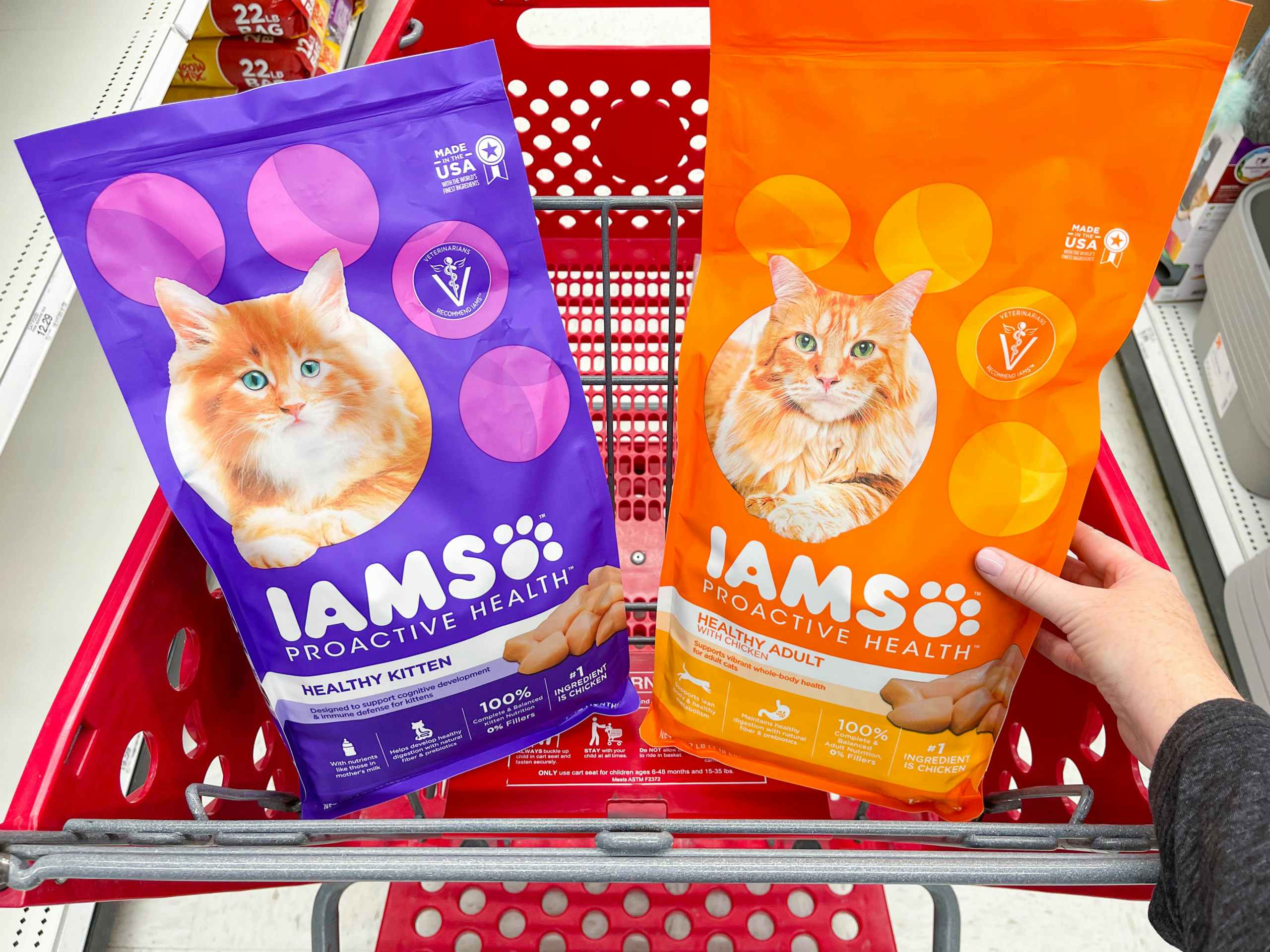 two bags of iams cat food in cart one being kitten food and one being adult food