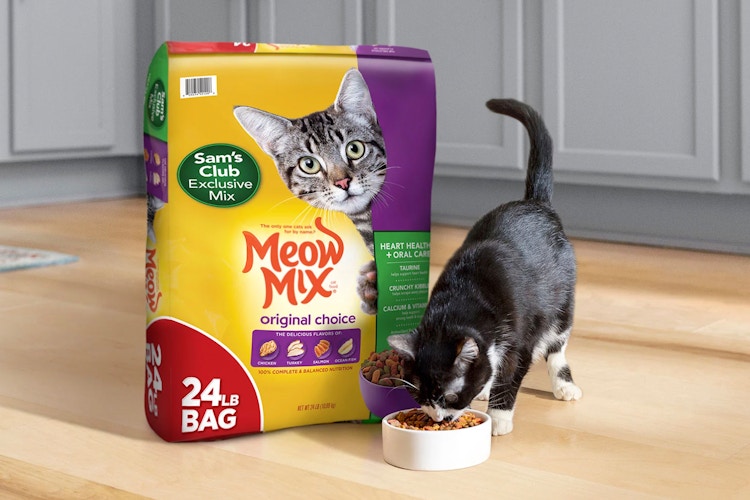 sam's club exclusive mixture meow mix food near a cat eating from a bowl
