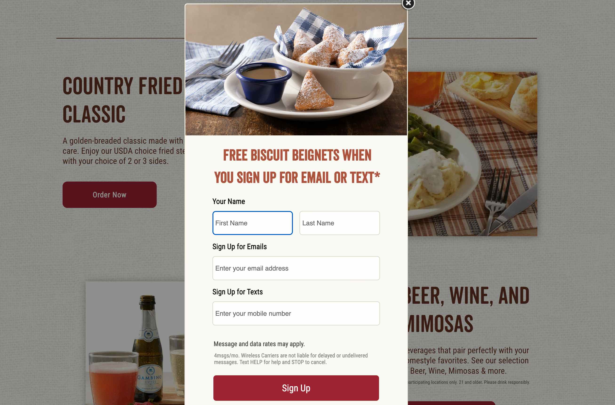 A screenshot of the Cracker Barrel email sign up form on their website.