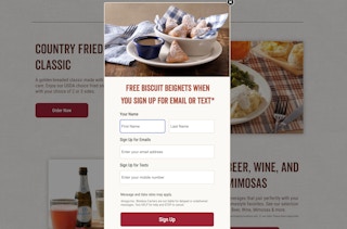 A screenshot of the Cracker Barrel email sign up form on their website.