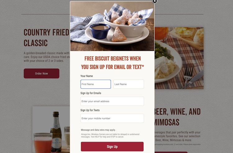 A screenshot of the Cracker Barrel email sign up form on their website.