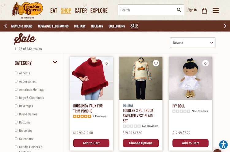 A screenshot of the Sale page on the Cracker Barrel website.