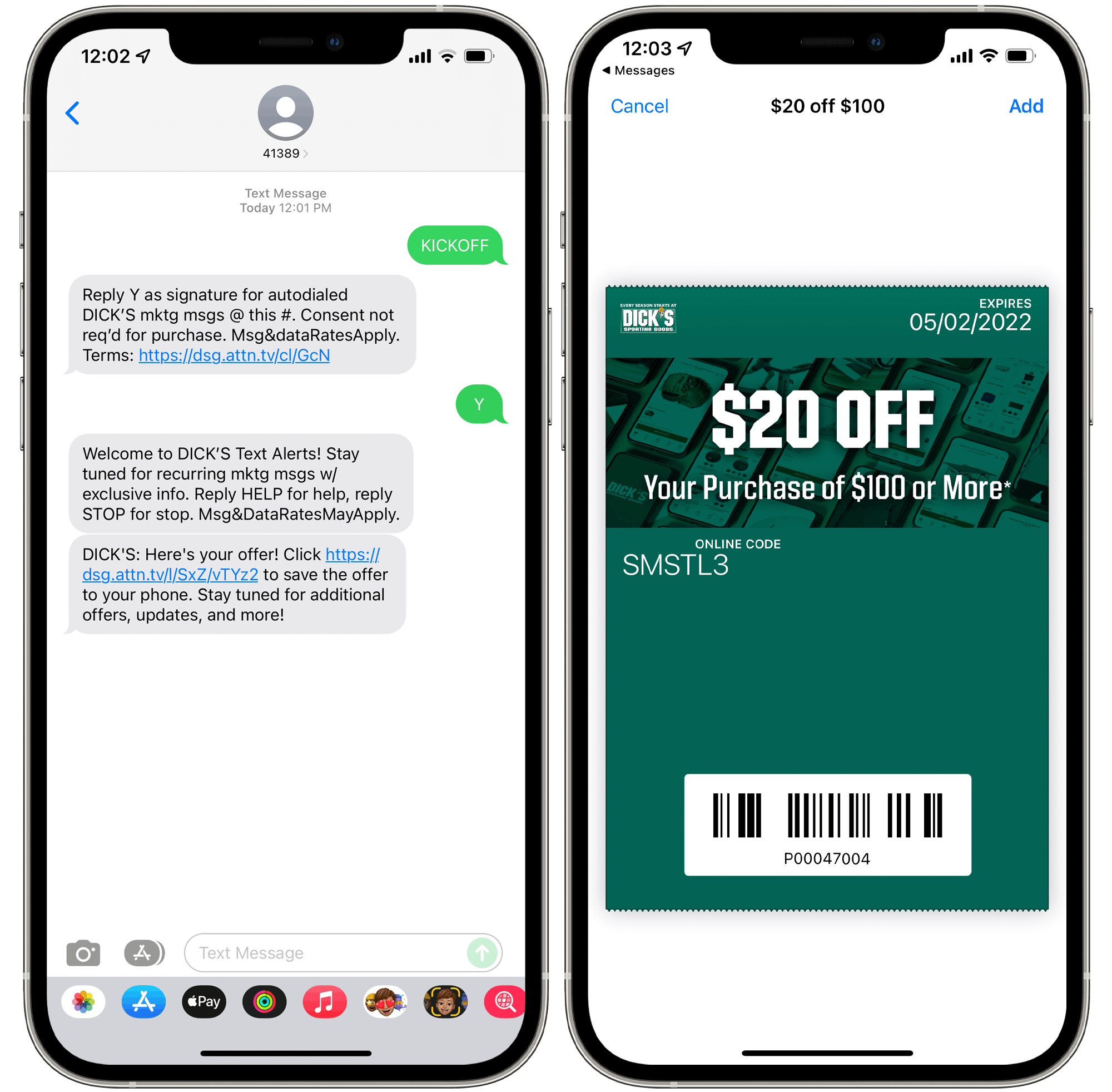 A graphic of two phones displaying a Dick's Sporting Goods text alert and a $20 off $100 coupon