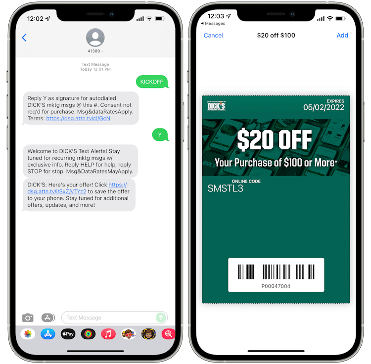 A graphic of two phones displaying a Dick's Sporting Goods text alert and a $20 off $100 coupon