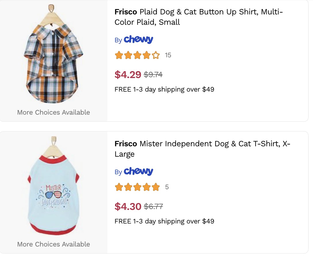 Screenshot of the Chewy.com sale page for dog clothes, featuring two dog shirts