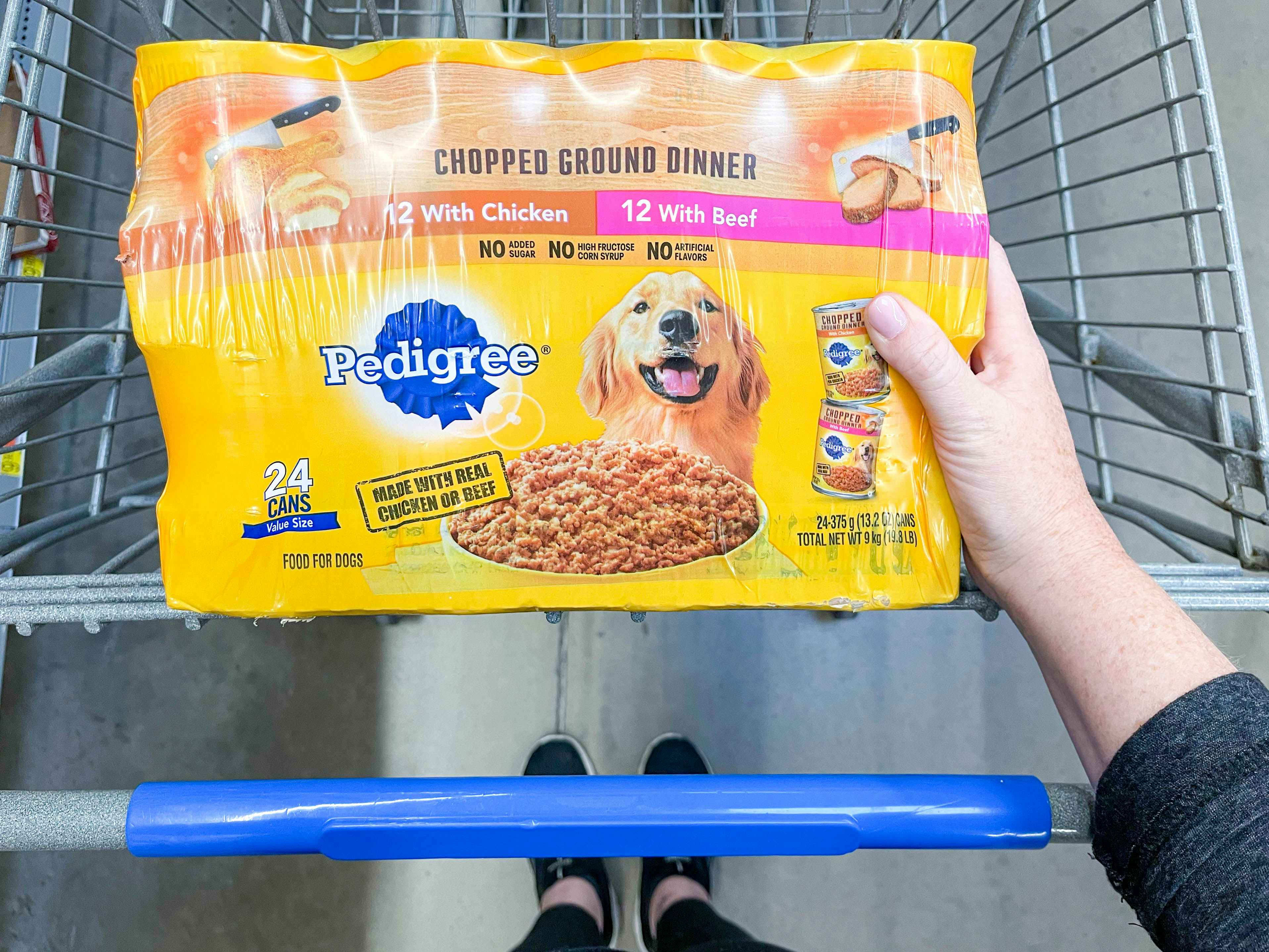 a package cans of pedigree wet dog food in walmart cart 