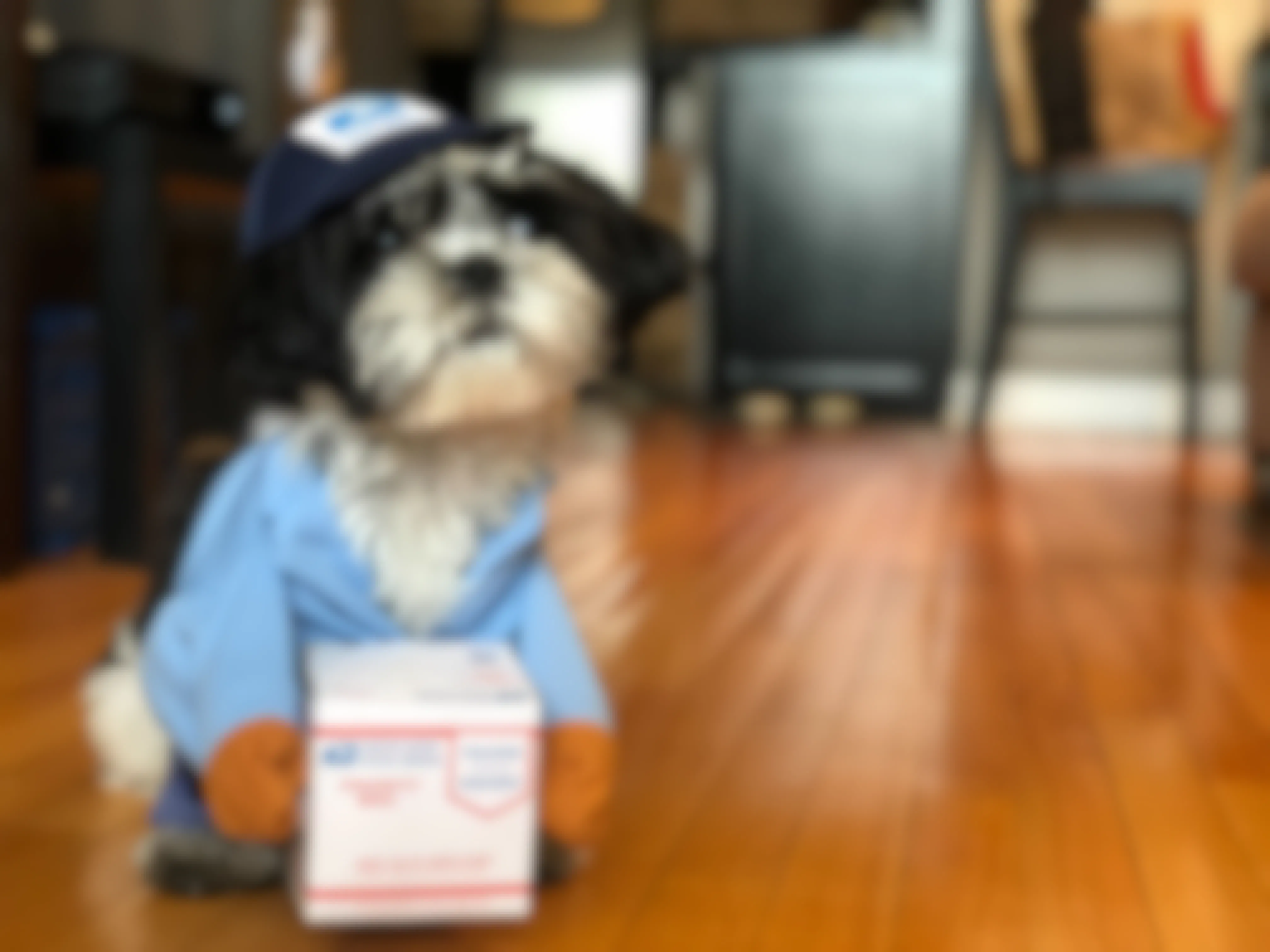 A small black and white dog dressed in a US Postal Service costume with a little package.