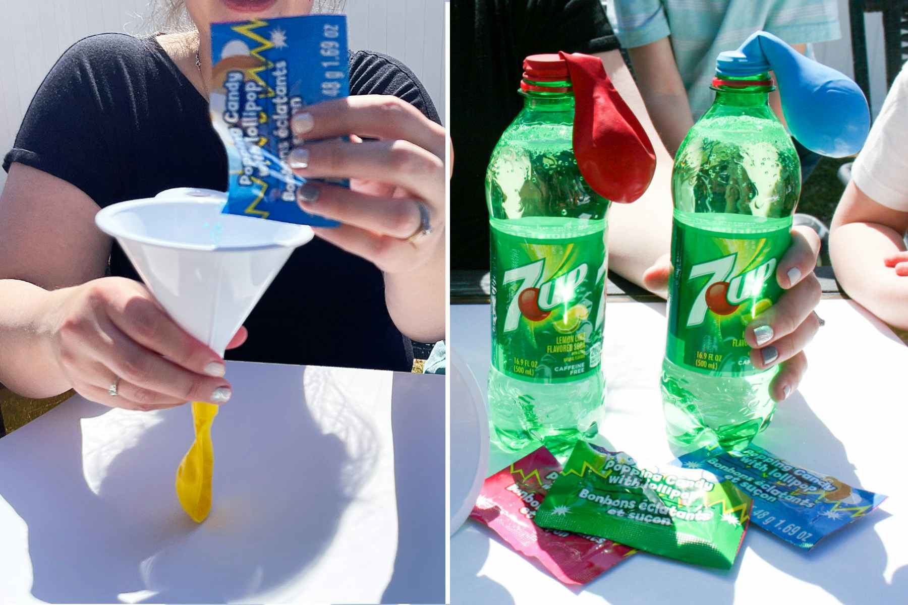 two images of a person filling a balloon with poprocks using a funnel and balloons on soda bottles 
