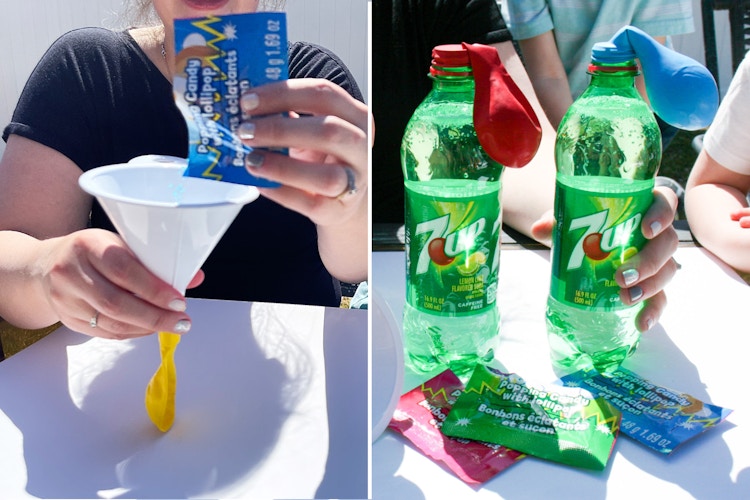 two images of a person filling a balloon with poprocks using a funnel and balloons on soda bottles 