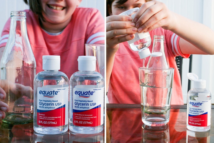 two images of a child pouring glycerin into a cup with a glass bottle inside 