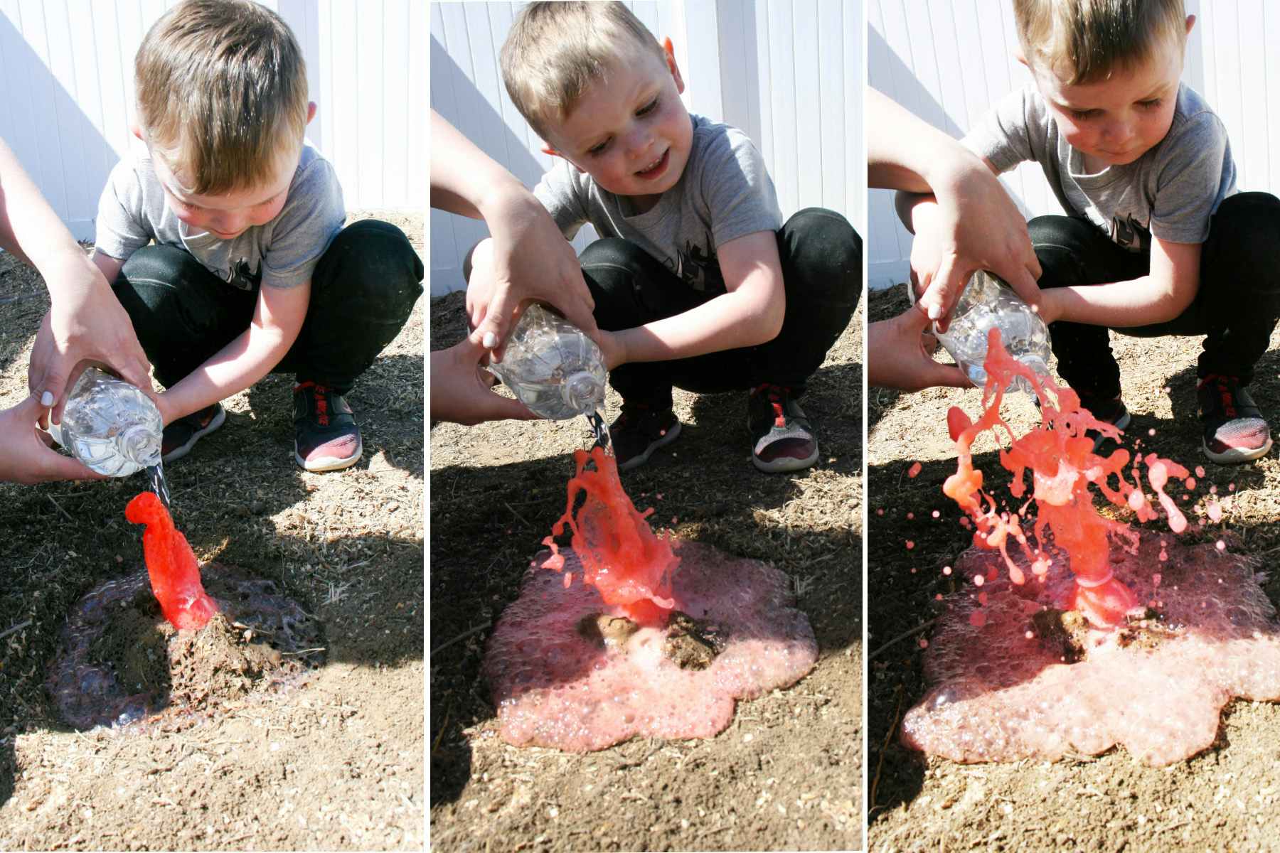 three images of a child pouring vinegar into a bottle buried into the ground with red baking soda in the bottle making a red liquid explosion 