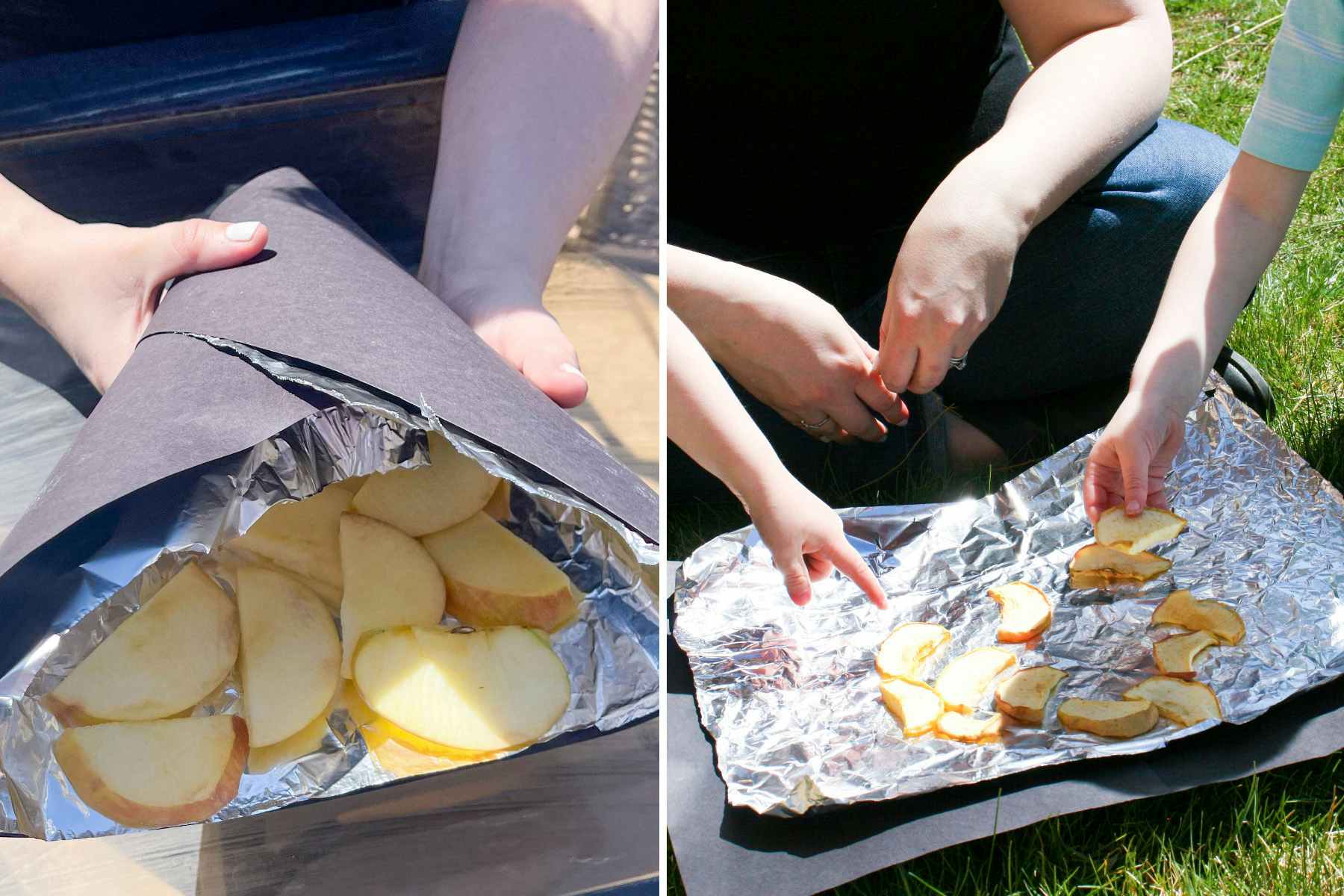 two images side by side on apples placed into diy solar oven made from black paper and tin foil
