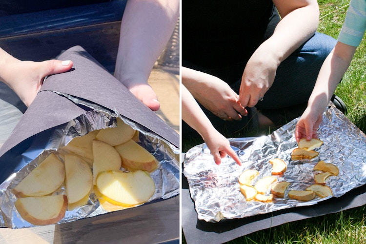 two images side by side on apples placed into diy solar oven made from black paper and tin foil