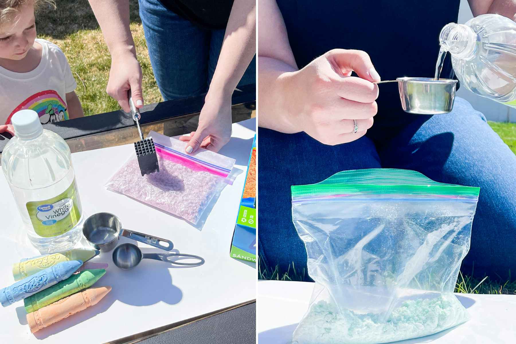 two images of a person hammering a bag of chalk and other filling a bag of crushed chalk with a cup of vingear 