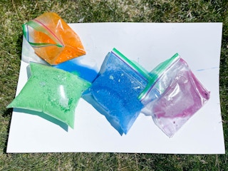 ziploc bags filled with crushed chalk and vingear about to explode 