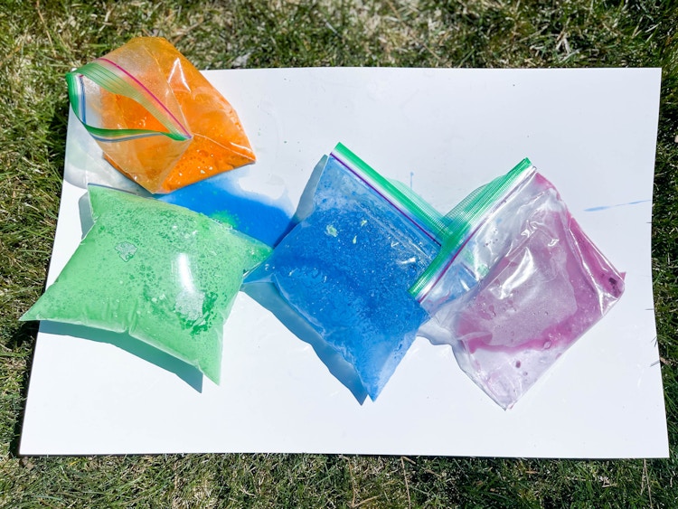 ziploc bags filled with crushed chalk and vingear about to explode 