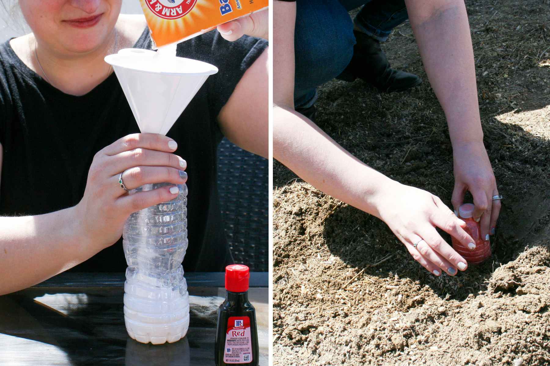 two images of a person filling a water bottle with baking soda and places a bottle in the ground 