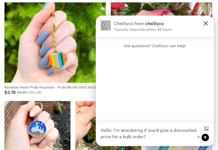 A screenshot of an Etsy shop with the shop chat box open. The message, "Hello. I'm wondering if you'd give a discounted price for a bulk order?" is typed into the message box.